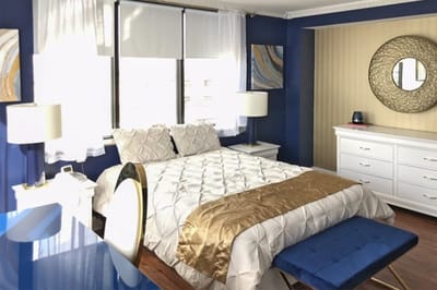 Brightly decorated bedroom in a senior living facility