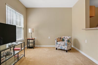 Interior view of a cozy living space with a chair and lamp