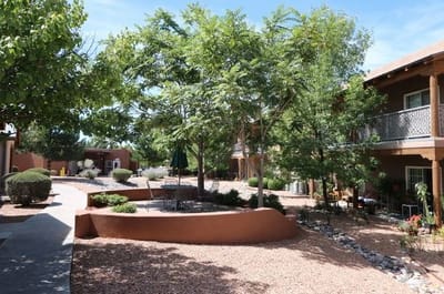 Outdoor space with trees and seating areas