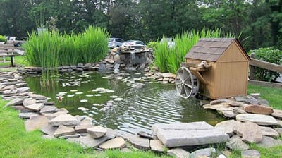 Scenic outdoor pond with watermill and greenery