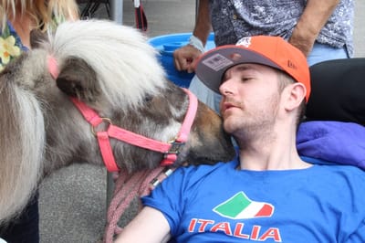 Resident interacting with a pony at an event.
