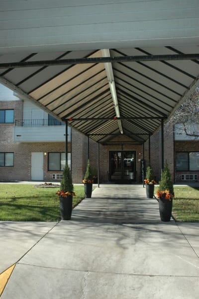 Covered entrance to a senior living facility