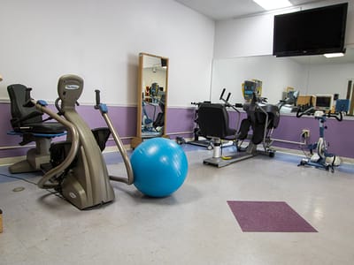 Fitness area with exercise equipment and a stability ball