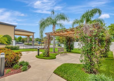 Outdoor garden area with landscaping and seating