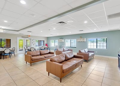 Interior common area with seating and windows