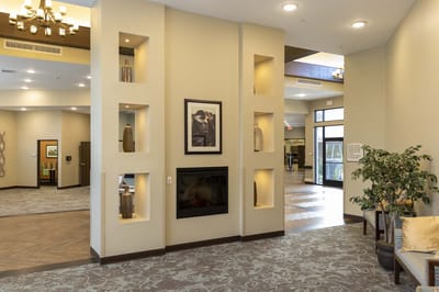 Interior view of a warm and inviting lobby space