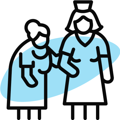 Two stylized figures representing a caregiver and a resident