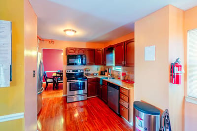 A well-equipped kitchen in an assisted living facility