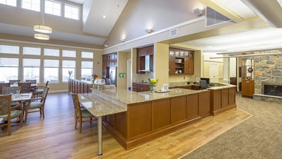 Interior dining area with tables and a counter