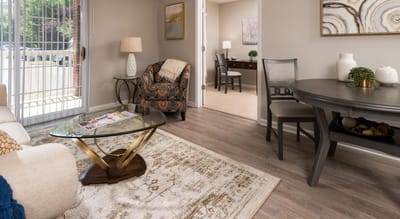 Cozy interior living area with seating and table