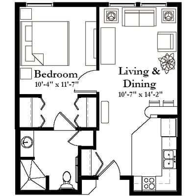 Architectural floor plan of a one-bedroom unit