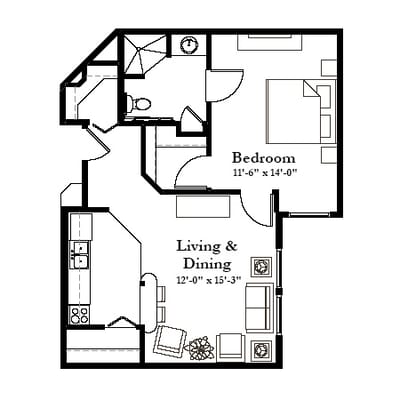 Architectural floor plan of a one-bedroom unit