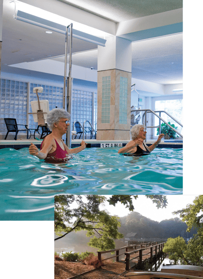 Seniors enjoying an indoor pool with wellness activities