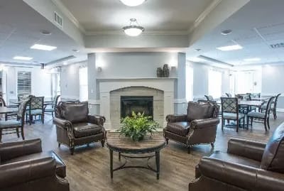 Common area with seating and a fireplace