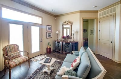 Bright interior of a common area with seating and decor