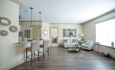 Bright interior common area with seating and decor
