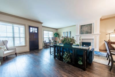 Bright and welcoming common area with seating and decor