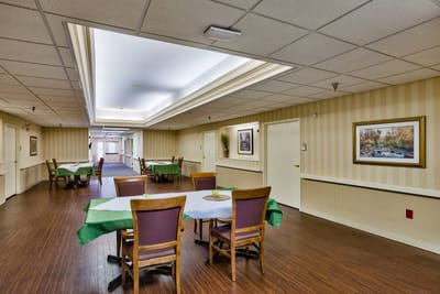 Interior view of a dining area with tables