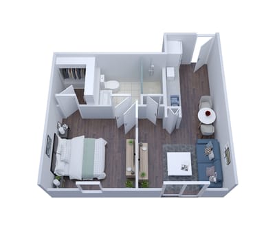 A layout of a private resident room with kitchen