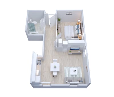 3D floor plan of a one-bedroom apartment