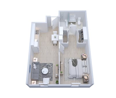 Top-down view of a modern studio apartment layout