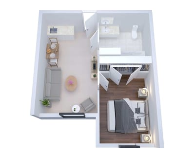 Top-down view of a small living space layout