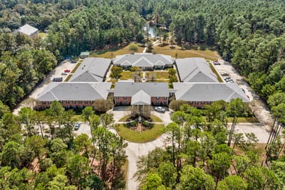 Aerial view of SummerHouse Bay Cove surrounded by trees