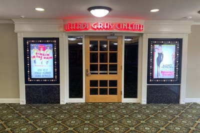 Entrance to the cinema with movie posters