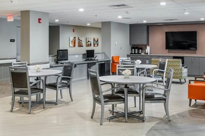 Bright and modern common area with seating