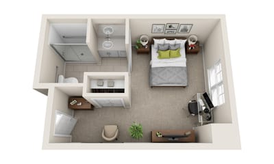 A well-furnished private resident room layout