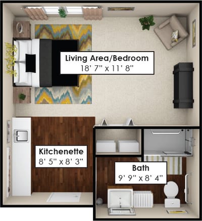 Floor plan of a resident's living area and kitchenette