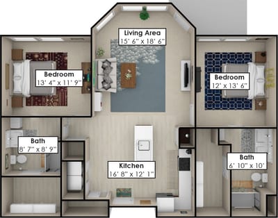 Architectural floor plan of a two-bedroom unit