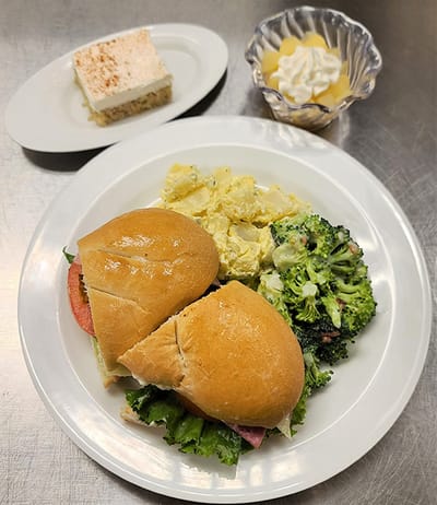 A plated meal featuring sandwiches and desserts