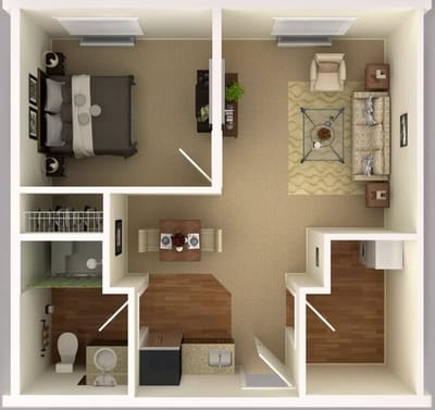 Floor plan of a one-bedroom senior living unit