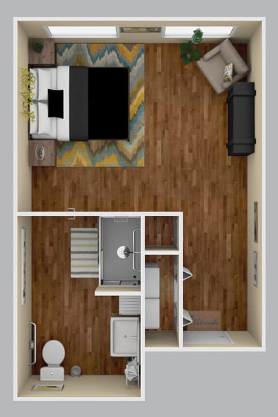 Floor plan of a private resident room with bathroom