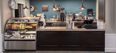 Interior café area with refreshments and drinks