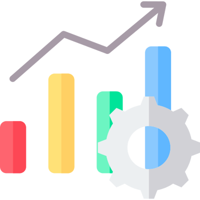 A gear and bar graph icon indicating progress