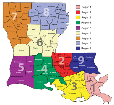 Map of Louisiana's parishes with numbered regions