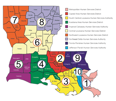 Map of Louisiana with regions marked