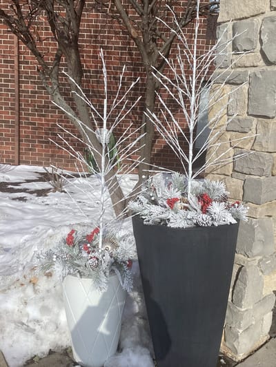 Decorative winter-themed planters outside the facility