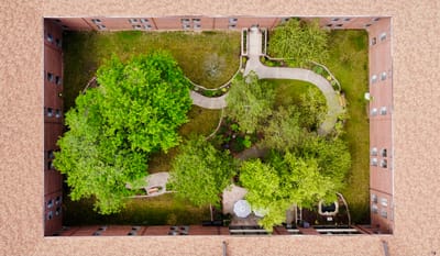 Aerial view of the facility's landscaped outdoor space