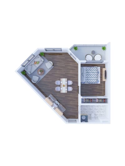 Architectural floor plan of a one-bedroom unit