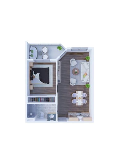 Floor plan of a one-bedroom unit
