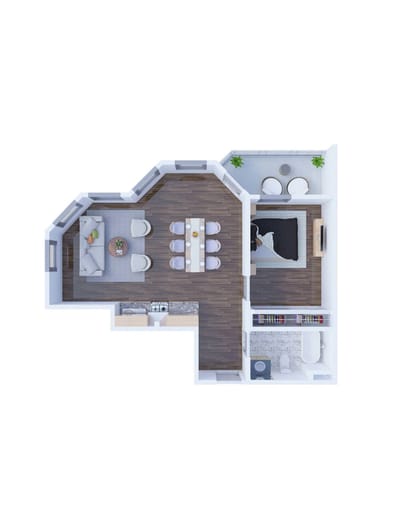 Aerial view of a floor plan for a living space