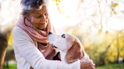 An elderly woman joyfully interacting with a dog in a garden