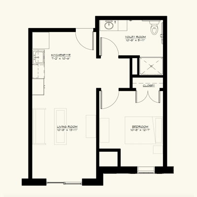 Architectural floor plan of a one-bedroom unit