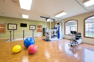 Interior therapy room with exercise equipment and colorful balls