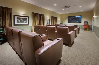 Interior view of a movie theater-style room with seating