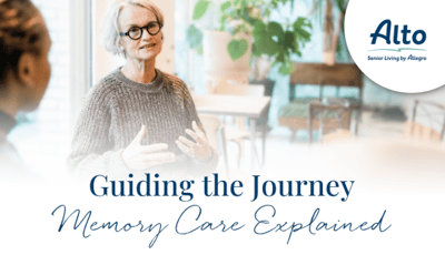 Resident discussing memory care in a common area