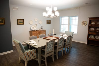 Dining area with a table set for a meal